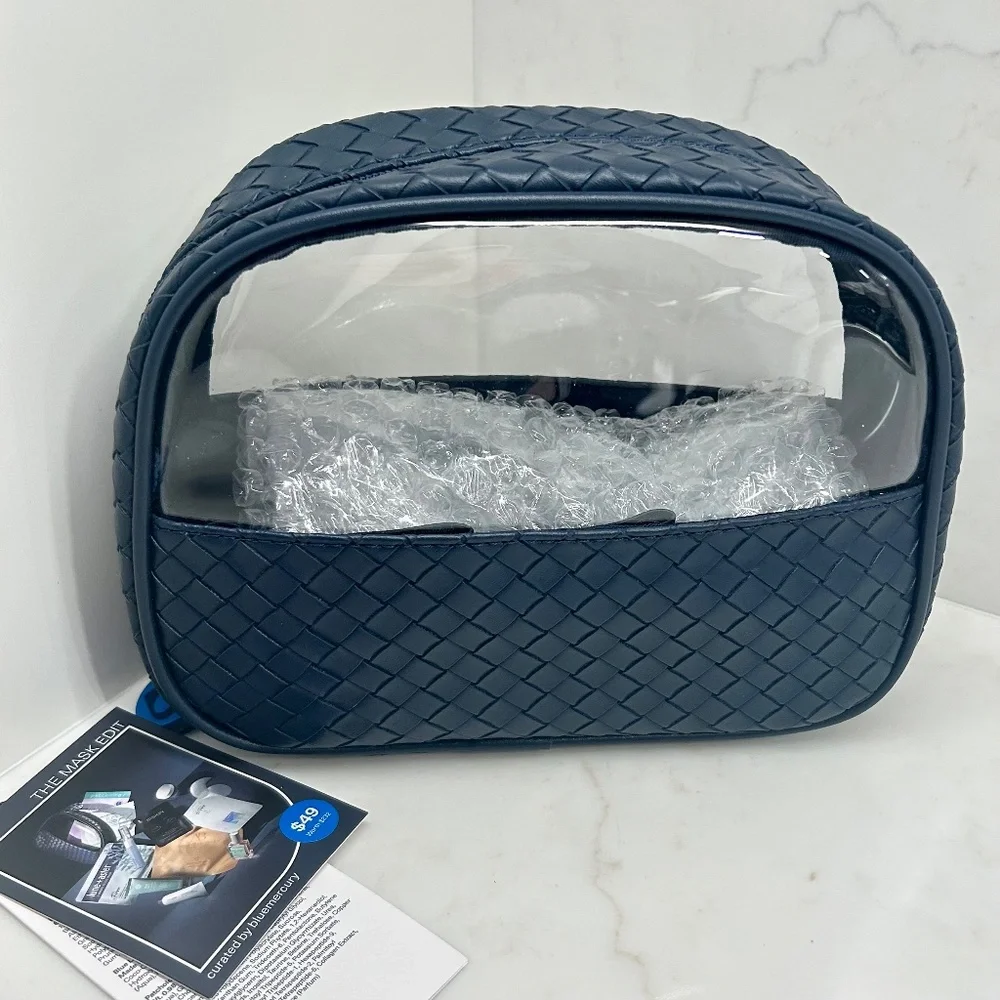 Bluemercury Navy Woven & Clear Full Side Zip Cosmetic Bag with Storage Band